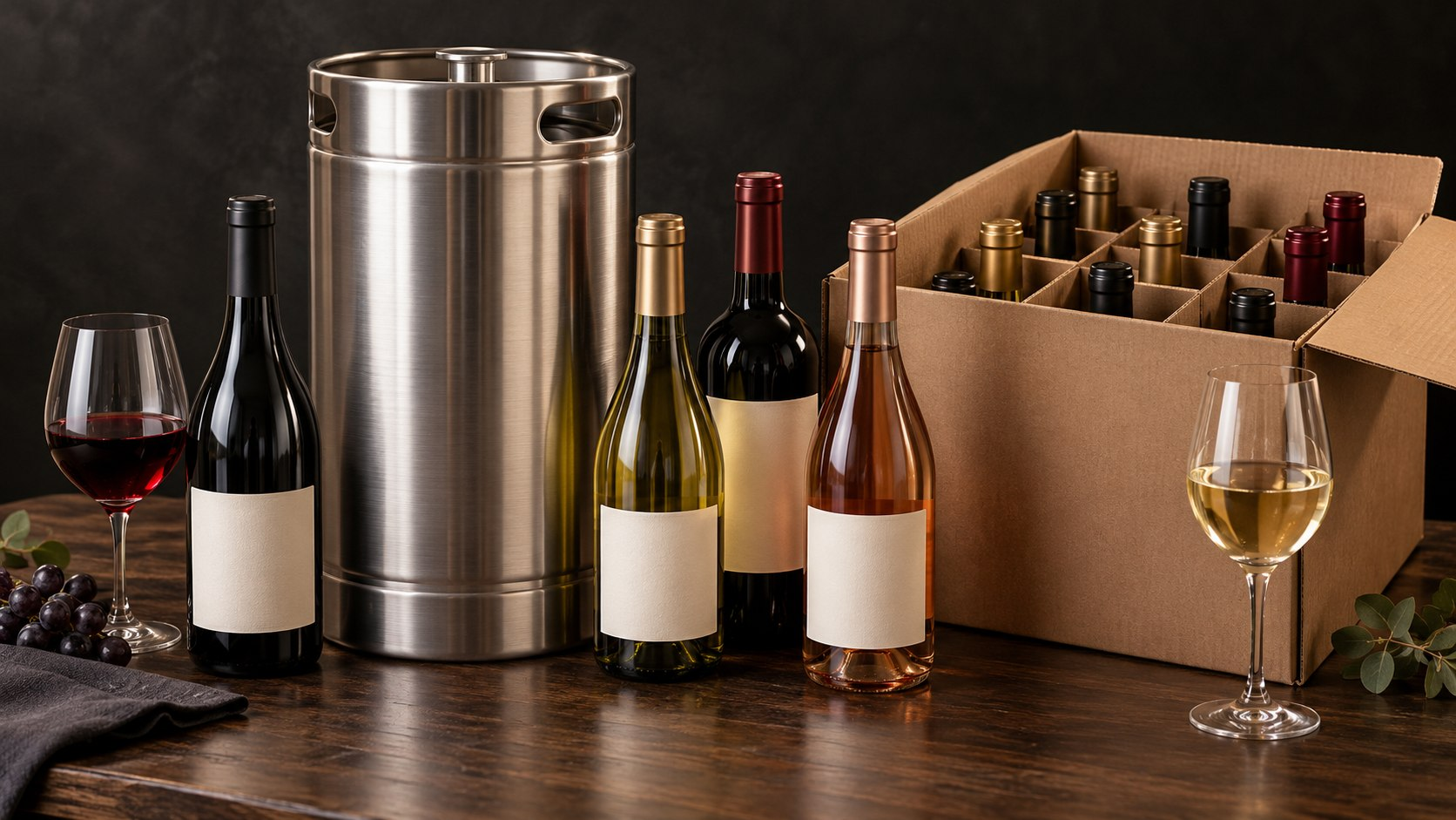 Wine bottles, a cardboard wine case, and a stainless steel beverage keg
